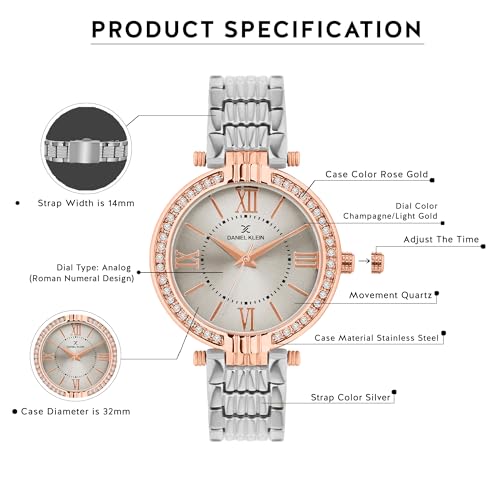 Image of Daniel Klein Analog Silver Round Dial Silver Metal Strap Stone-Studded Water-Resistant Wrist Watch for Women Girls, Ladies DK11138-8