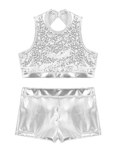 Moily Kids Girls Metallic Two Pieces Dance Outfit Racer Back Sports Bra with Gymnastics Bottoms4