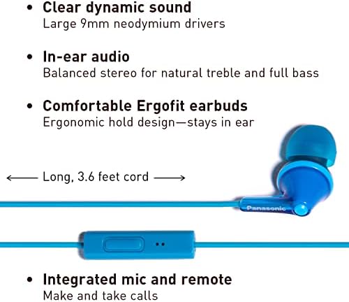 Panasonic ErgoFit Wired Earbuds, In-Ear Headphones with Microphone and Call Controller, Ergonomic Custom-Fit Earpieces (S/M/L), 3.5mm Jack for Phones and Laptops - RP-TCM125-A (Blue)