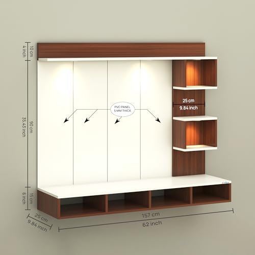 Image of Anikaa Kirina Engineered Wood Wall-Mount TV Unit with PVC Back Panel & LED Lights | TV Cabinet with Storage Box & Decorative Shelves (Walnut /White) | Ideal for TVs up to 55 Inch | DIY Installation