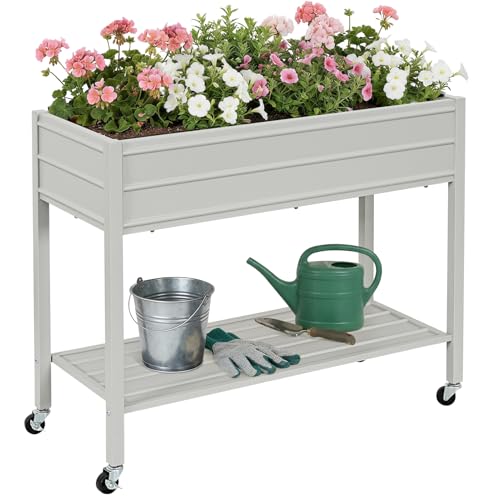 ZORMY 32" Tall Galvanized Raised Garden Bed with Legs Wheels & Shelf, Grey