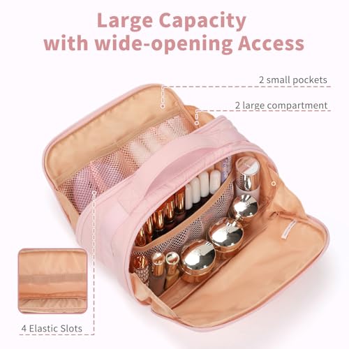 OCHEAL Travel Makeup Bag - Wide Open Flat Cosmetic Bag Organizer with Handle Portable Lightweight Toiletry Bag for Women's Girls Essentials Skincare Accessories-Pink4