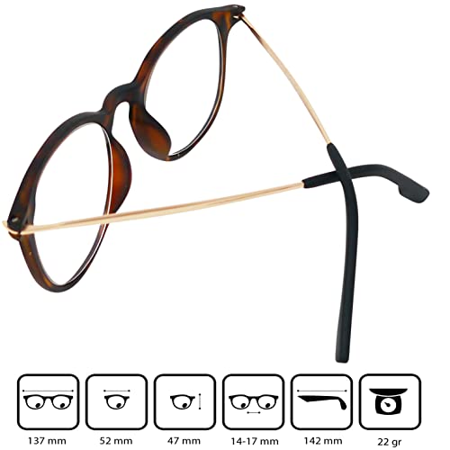 Mini Brille, Nerd Reading Glasses with Large Round Lenses, FREE Pouch, Plastic Frame with Metal Temples (Tortoiseshell brown) - Image 4