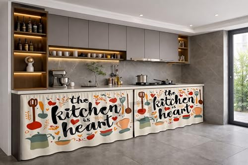 Image of Under Sink & Counter Curtain for Modular Kitchen - Printed Fabric Rod Pocket Hanging Skirt, Washable Under-Counter Cover, Pack of 2 Panels (Each Panel: 150 x 70 cm) (Kitchen Heart)