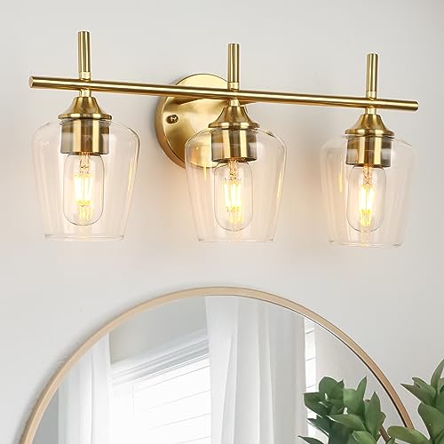 Image of foucasal 3-Light Brushed Gold Bathroom Vanity Light, Modern Gold Vanity Light for Bathroom with Clear Shades, Vanity Lighting Fixtures Over Mirror for Bedroom Hallway Living Room