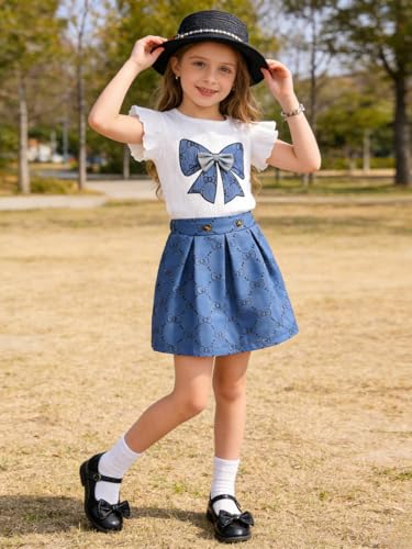Image of Azmxynol Toddler Girls Clothes Cap Sleeve T-Shirt + Bowknot Print 2pcs Summer Shorts Outfit Set For Girls, Size 4-8 Years