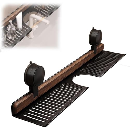 LZTET Organizador De Ducha con Ventosa,Estante Almacenamiento Madera Sin Perforaciones para Pared,con Estantes ExtraíBles Y Ventosas,para Lavabo Pared,Ideal BañO Cocina(50cm,Black)