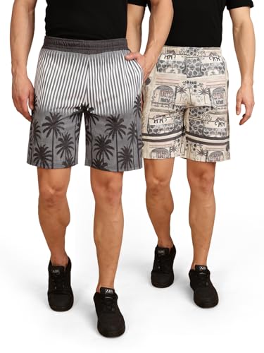Image of BULLMER Regular Fit Cotton Blend Summer Shorts for Men - Pack of 2 | Printed Shorts for Men Blue /Beige