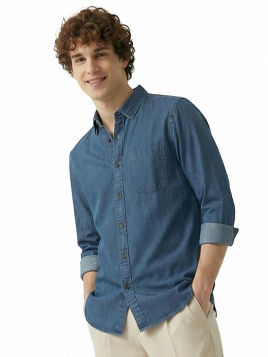 Image of Amazon Brand - INKAST Men Washed Cotton Twill Denim Casual Button Down Shirt | Full Sleeves | Regular Fit | Stylish Summer - Everyday Wear