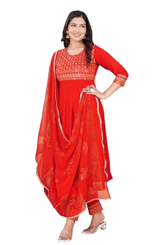 COTTON HTHRANG Indian Women's Tunic Tops Rayon Red Anarkali Kurtis