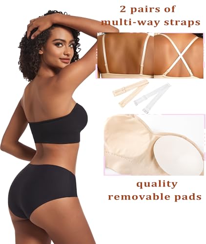 Image of PRETTYWELL Strapless Bra for Women Ribbed Seamless Non-Slip Comfort Padded Wireless Bandeau Bras Wireless Tube Top Bra