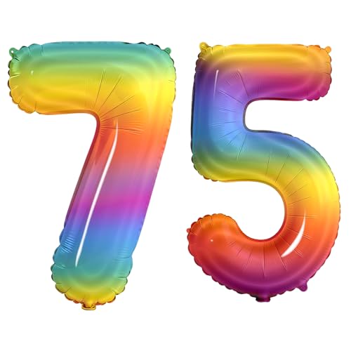 Number 75 Balloons for 75th Birthday Party Decorations, 0-100 Large No.75 Balloons for Women Men and Grandpa Grandma, 40 Inch Rainbow Foil Helium Balloon for 75 Year Old Anniversary Decorations