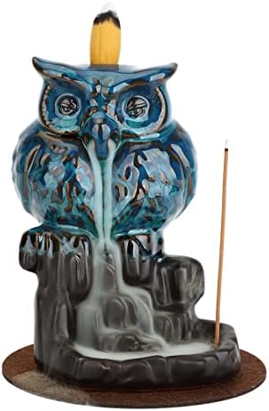Backflow Incense Holder Ceramic Owl Incense Burner Waterfall Handcrafted Porcelain Censer Incense with 20 Backflow Incense Cones,30 Incense Sticks, Mat, Tweezer, Aromatherapy Ornament Home Decoration