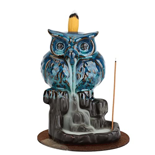 Backflow Incense Holder Ceramic Owl Incense Burner Waterfall Handcrafted Porcelain Censer Incense With 20 Backflow Incense Cones,30 Incense Sticks, Mat, Tweezer, Aromatherapy Ornament Home Decoration #TOP2