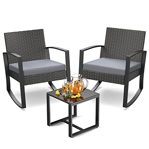 3 Piece Wicker Patio Furniture Set, Outdoor Rocking Chairs, Outdoor Furniture with Table & Cushions, Patio Chairs Balcony Porch Furniture, Gray