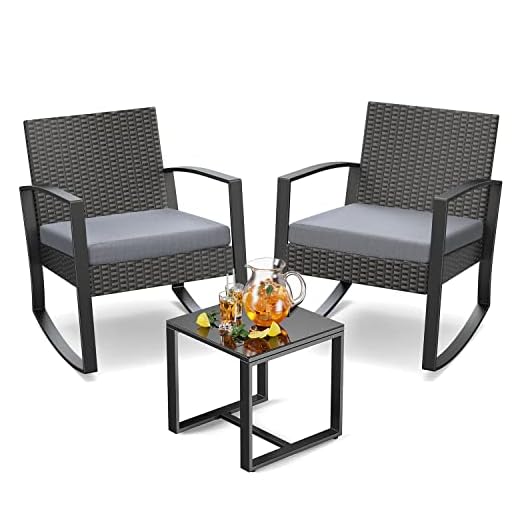 Noelse 3 Piece Wicker Patio Furniture Set, Outdoor Rocking Chairs, Outdoor Furniture with Table & Cushions, Patio Chairs Balcony Porch Furniture, Gray