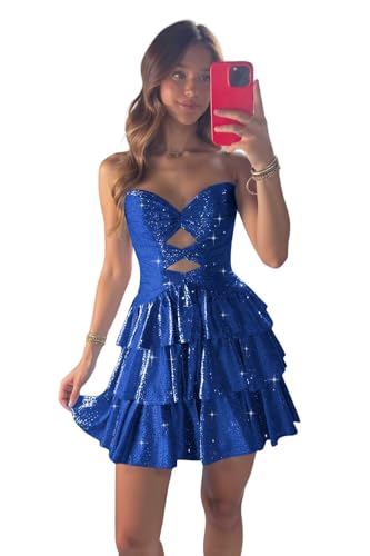 Raseal Sparkly Sequin Homecoming Dresses for Teens Cut Out Mini A Line Prom Party Gown Tiered RS220