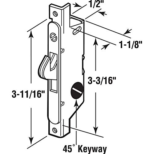 Image of Prime-Line E 2199 Stainless Steel Mortise Lock - Adjustable, Spring-Loaded Hook Latch for Sliding Patio Doors Made of Wood, Aluminum & Vinyl, 3-11 /16 inch, 45 Degree Keyway, Round Face (Single Pack) | Adjustable, Spring-Loaded Hook Latch Projection, For Sliding Patio Doors, 45 Degree Keyway, Round Face