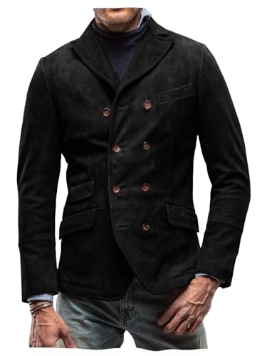 VENNYNG Autumn Men's Casual Coat Faux Suede Vintage Jacket Double Breasted Buttoned Fall Lightweight Outerwear