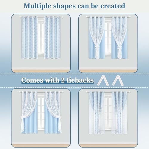 Image of Yinhua Double Layer Blackout Curtains for Bedroom Blue Curtains for Living Room 63 Inch Length 2 Panels Set Kid Curtain with Tiebacks, Grommet Drapes with Floral Sheer Overlay, 52 inch W x 63 inch L