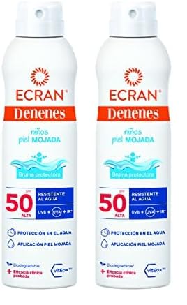Ecran Denenes - Bruma Protectora Solar Piel Mojada FPS 50+ para Niños en Spray, 80 Minutos de Protección UVB, UVA e IR-A, con Extracto de Algodón y Vitamina E, Pieles Sensibles y Atópicas - 250 ml