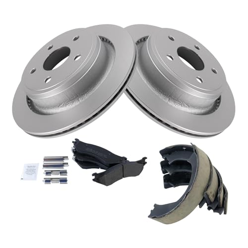 Image of TRQ Rear Brake Pad and Rotor Set Semi Metallic Coated Rotors Parking Shoe Compatible with 2004-2006 Dodge Ram 1500