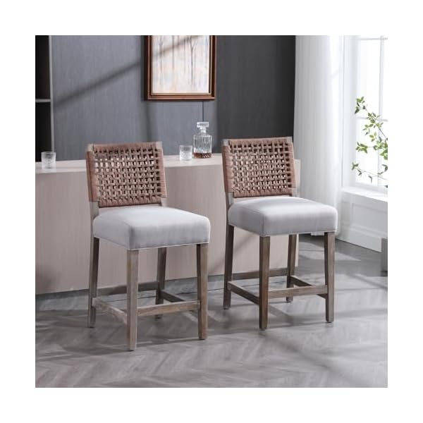 27 farmhouse counter height bar stools set of 6 for kitchen island midcentury linen upholstered stool chairs with woven backrest and wood legs for home bardining counterpatio grey  urban country home decor