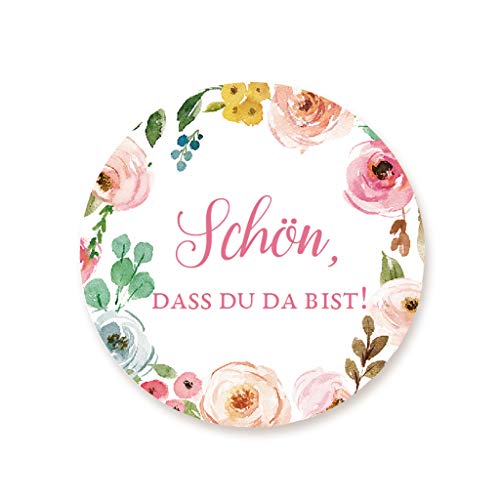 100x Kranz \'Schön, dass du da bist\' Aufkleber Sticker Etiketten für Gastgeschenke,Tischdeko,Flaschen,Tüten,Briefen,Danksagungen zur Hochzeit Geburtstag Taufe - UNI 321 M
