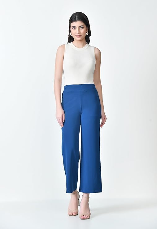 Image of Women's High Waist Straight Fit Trousers,Solid Korean Stretchable Pants for Women, Regular Fit Elastic Waist Full Length Formal Trouser,Casual,Office Wear