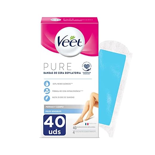 Veet Pure Bandas de Cera Fría Depilatoria para Depilación de Piernas y Cuerpo, Fórmula de Cera Hipoalergénica para Pieles Sensibles, 40 Tiras