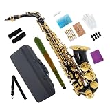 Conboxus Sassofono contralto E-Flat laccato oro con corpo in ottone, include custodia, bocchino, ance, tracolla e altro ancora, ideale per principianti e principianti (nero)