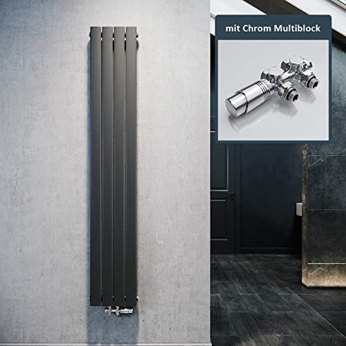ELEGANT Radiateur plat design 1800 x 308 mm avec thermostat multibloc chromé, Radiateur plat anthracite, monocouche, Raccord central