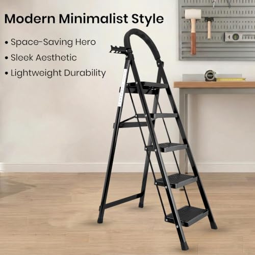 Image of Black 5 Step Ladder for Home Use with Built-in Tool Tray | Heavy Duty D Shape Rods | Ultra Large Platform | Wide Rubber Feet | 150Kg Capacity Foldable Ladder - 7 Years Warranty