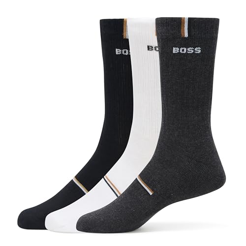 BOSS 3 Pack Iconic Stripe Ribbed Cotton Quarter Length Socks, black/shadow grey/white, 7-13