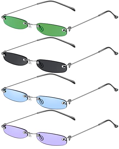 4 Pairs Women Thin Vintage Rectangle Sunglasses Small Skinny Glasses Retro Designer Style Rimless With Metal Frame Narrow Eyewear for Men Women