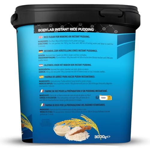 Foto von Bodylab24 Instant Rice Pudding 3kg, aus 100% Reismehl, ohne weitere Zusätze, die schnelle und leckere Kohlenhydratversorgung im Masseaufbau oder vorm Training, geschmacksneutral