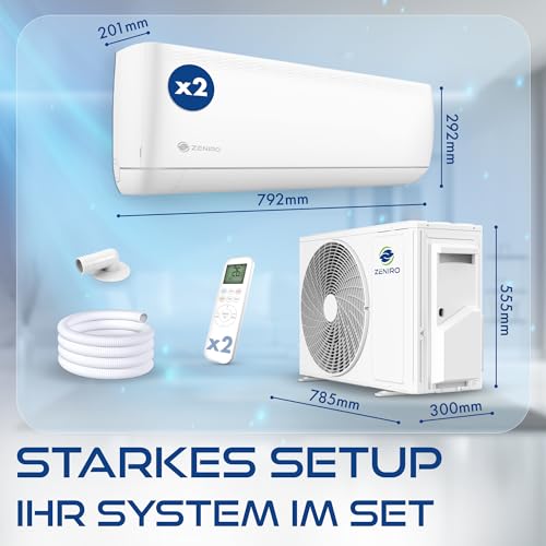 ZENIRO Multi Split Klimaanlage 2 Innengeräte Set (2.6kW + 2, 6kW) Klimagerät Air Conditioner mit Heizfunktion 18000 BTU 5, 3kW A++ WiFi/ App- Steuerung 4D AirFlow Heizen bis- 20°C Vorgefüllt R32-10