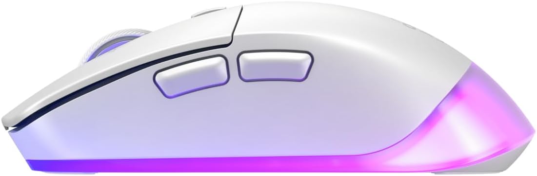 Side view of the CHERRY XTRFY M50 Wireless Gaming Mouse in white, highlighting the two programmable side buttons.