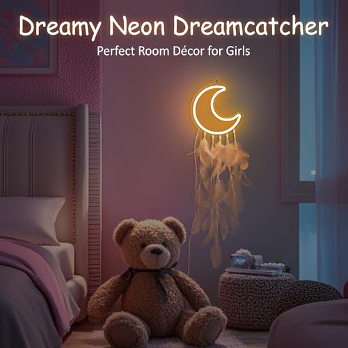 Image of Neon Sign for Teen Girls, Moon Neon Signs, Light Up Dream Catcher for Girl Room Decor, Cozy Dreamy Lighting for Wall Decor,Birthday Christmas Gifts for Teenage Kids