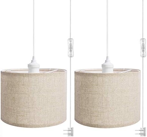 QITIM 2 Pack Plug in Pendant Light, Hanging Light with Plug in 15FT Clear Cord, Beige Linen Shade, On/Off Switch, Ceiling Light for Bedroom, Living Room, Dining Table, Basement