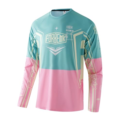 FORBEMK Mens MTB Cycling Jersey Long Sleeve Mountain Bike Shirt UPF 50+ Breathable Moisture-Wicking for Trail & Enduro Riding Blue Pink