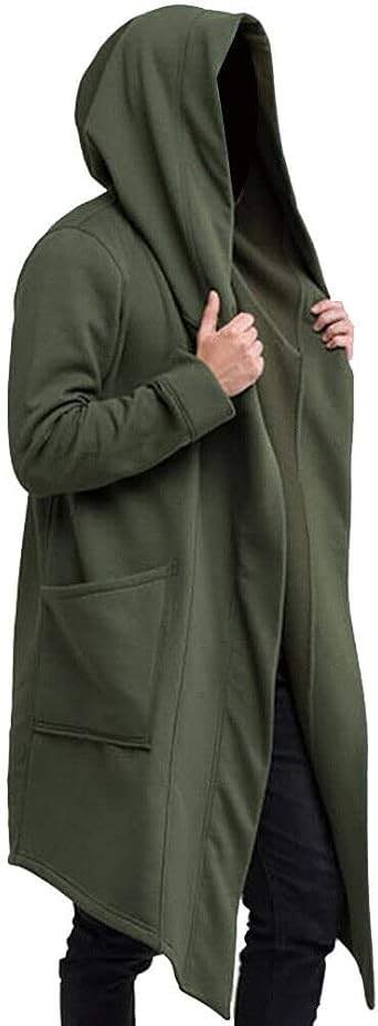 Mens Long Coat Style Cardigan with Front Open Draped Style Lightweight Hooded Wool Body Sweater for Men