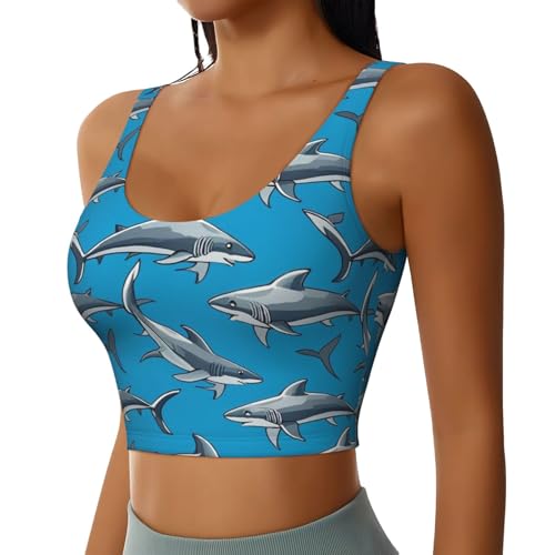 Women Girls Comfortable U-Shaped Back Yoga Vest Stretchy Blue Ocean Sea Shark Art Crop Tops with Pads Fast Dry Shirts for Fitness Gym