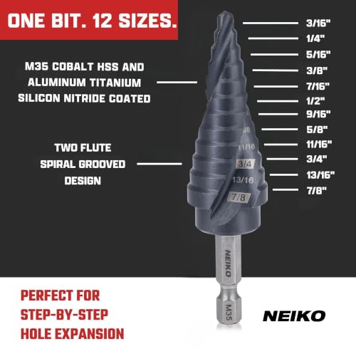 Image of NEIKO 10611B Step Drill Bit, 12 Steps 3 /16 inch to 7 /8 inch Spiral M35 Cobalt, AlTiSiN Coated, 1 /4 inch Quick Change Step Bits for Steel, Metal, Wood, Plastic, Unibit Cone Drill Bits, Two Flute