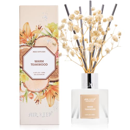 Airkeep Ambientador Mikado 100 ml, Warm Teakwood, Difusor de Aroma con 8 Varillas y Flores Decorativas, Perfume para Casa, Dormitorio, Salón, Baño y Oficina