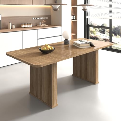 Image of 78.74 inch Extendable Dining Table for 6 8 10 Person, Farmhouse Rustic Expandable Table Large Rectangle Wooden Expanding Table with Fluted Pedestal Base for Kitchen Dining Meeting Room Small Space, Brown