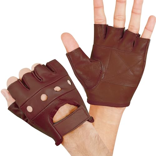 Royal Coalition Men's Leather Gloves Racing Fingerless Motorcycle Hand Black & Red Gloves W/Breathable Open Knuckle (Tan, X-Large)