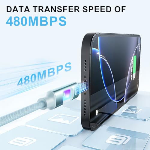 Image of Verilux PD 30W Type C to Lighting Cable with Breathing Light, 5.9Ft /1.8M Lighting Cable Nylon Braid with 480Mbps Data Sync for iPhone 14 /13 /12 /11 Pro Max X XS XR 8 /7 /6s Plus SE, Blue