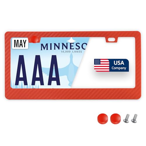 Image of Premium Slim Red Carbon Fiber Design License Plate Frame - 1 Piece, Durable Plastic, Rust-Free, License Plate Protector, Street Legal, Universal with Screw Caps