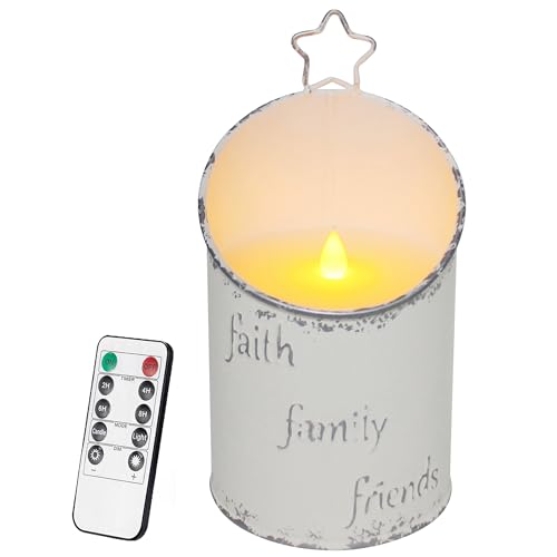 CVHOMEDECO Vintage Galvanized Can Flameless LED Candle Real Wax in Antique Galvanized Jar FFF Flickering Candle with Remote Control for Tabletop Wall Decor H 8 Inch Cream